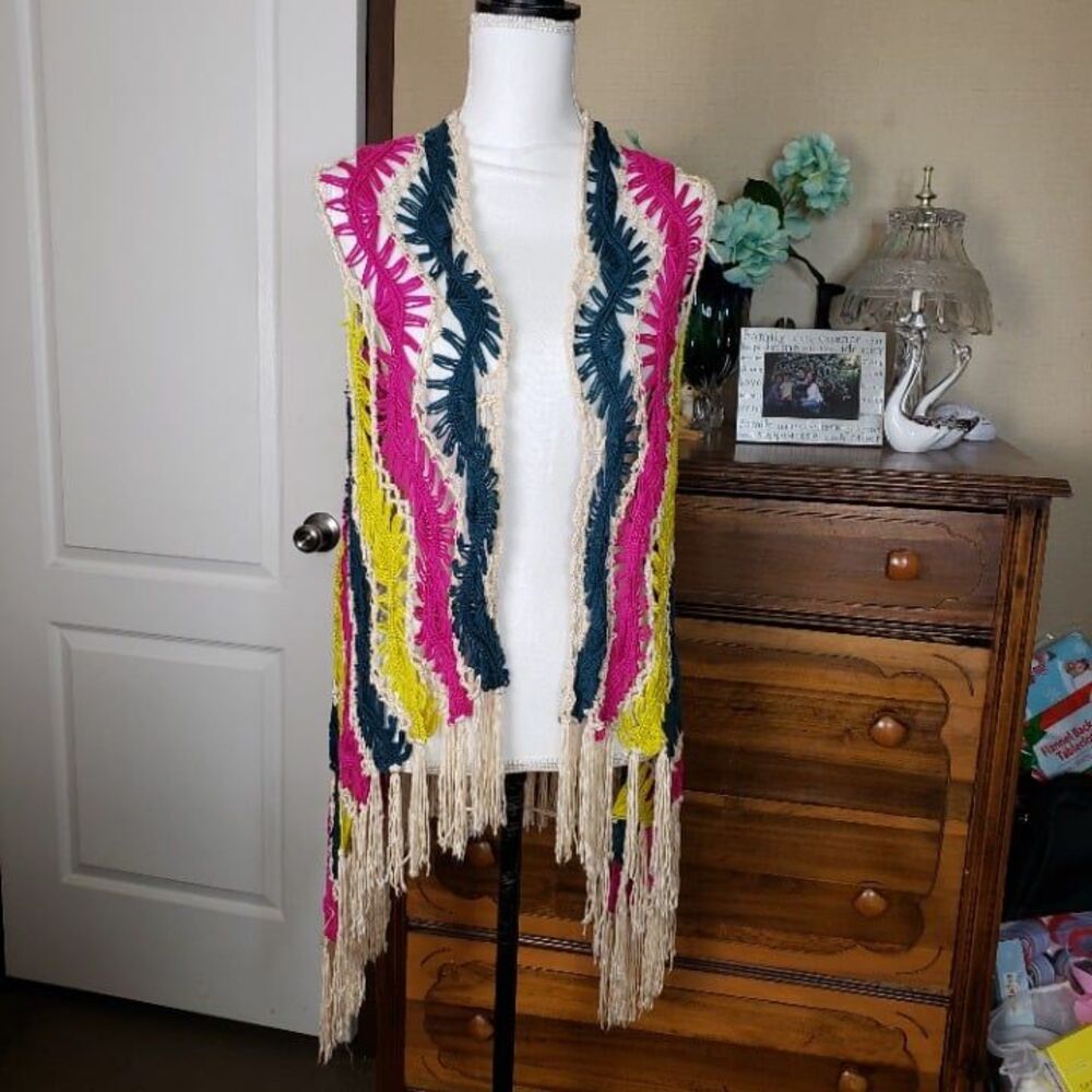 Boho Pink Chartreuse Crochet Fringe Kimono Vest Top womens S M Hippie Shell